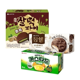 두쫀쿠 찰떡파이 피스타치오맛 x1+몽쉘 오리지널 6입 x1+카스타드 138g x1