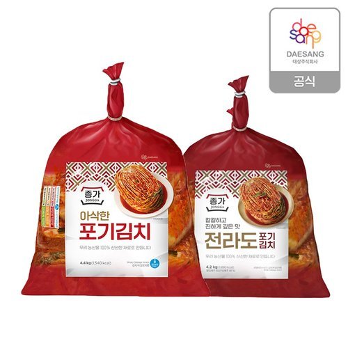 종가 (중부식)아삭한포기김치 4.4kg 1봉 +(전라도식)아삭한포기김치 4.2kg 1봉/ 총 8.6kg