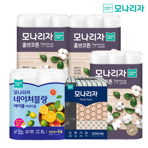 천연펄프 홈앤코튼 스페셜세트(화장지 30롤 3팩+미용티슈 3개+키친타월 4롤)